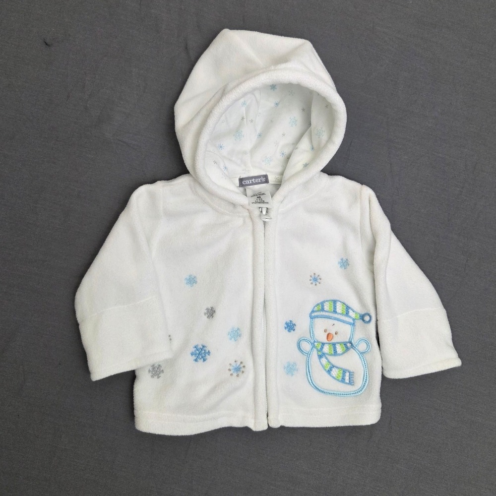 Carters Newborn White Fleece Snowman Snowflake Full Zip Hooded Jacket NB